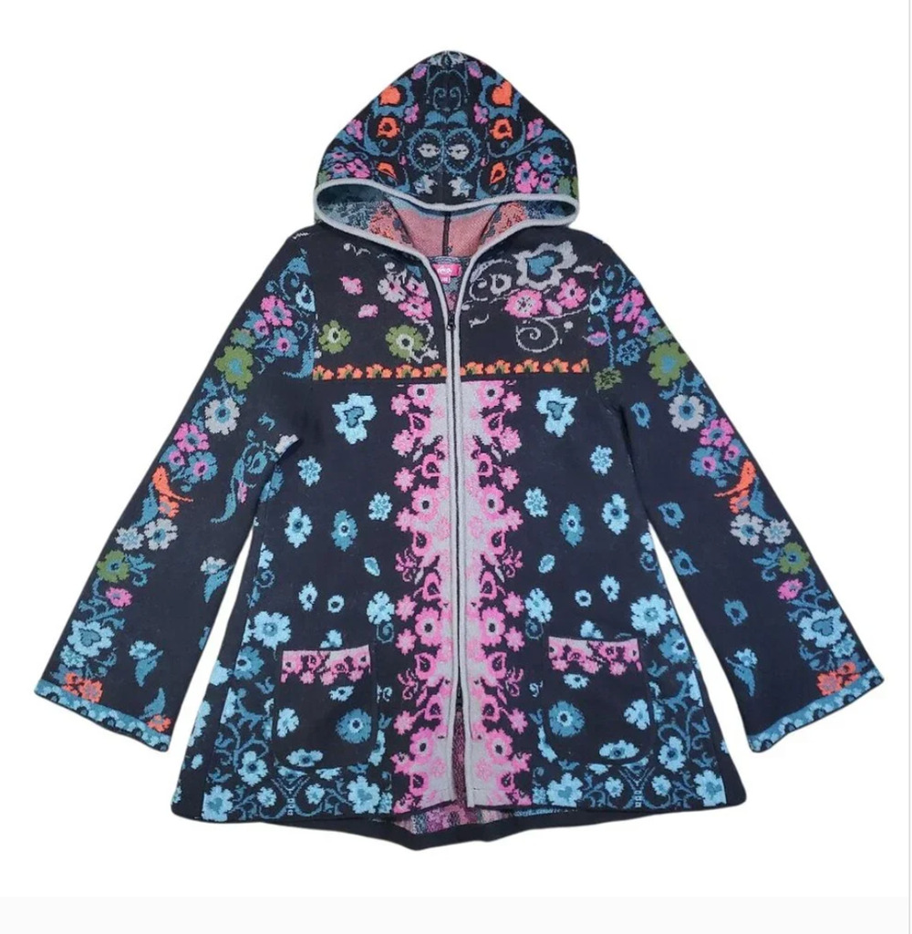 Ivko Women's Hooded Artsy Floral Lambs' Wool Full Zip Hooded Sweater Coat L/40